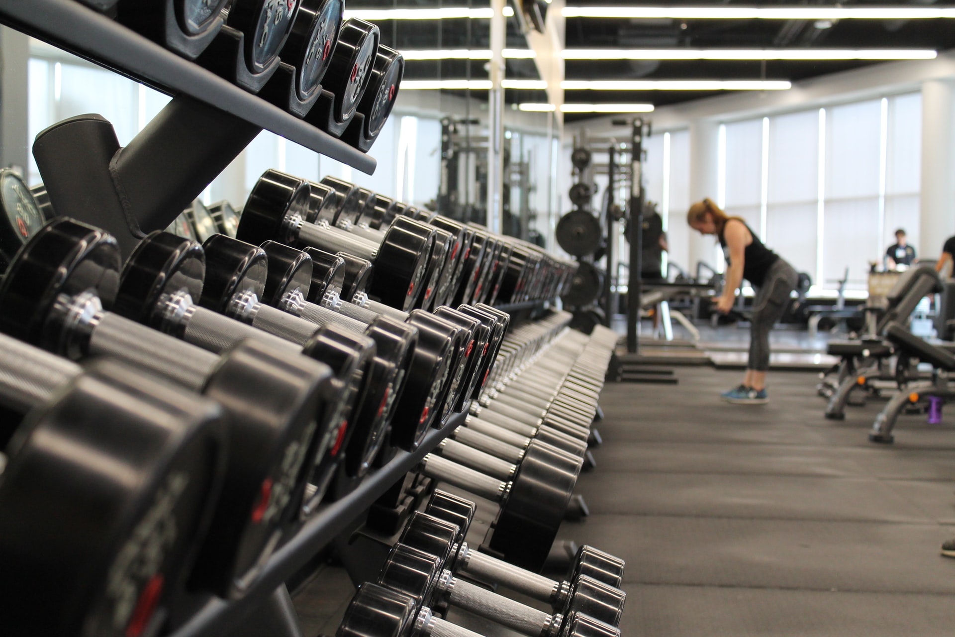 Rangée de haltères alignés sur un rack dans la salle de musculation